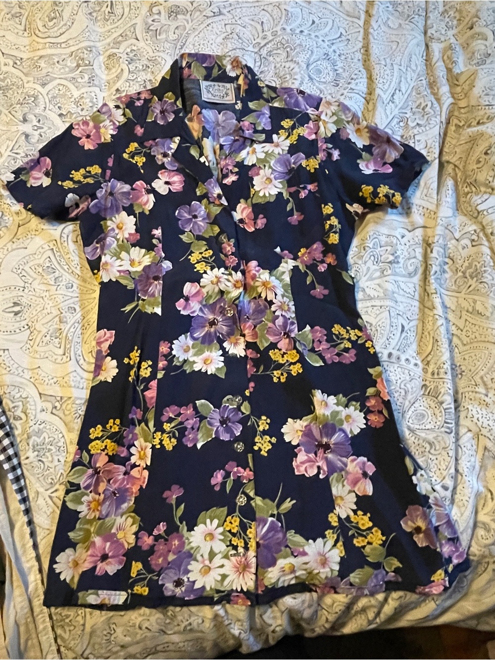 Navy Floral Mini Dress with Purple & Pink Blooms
